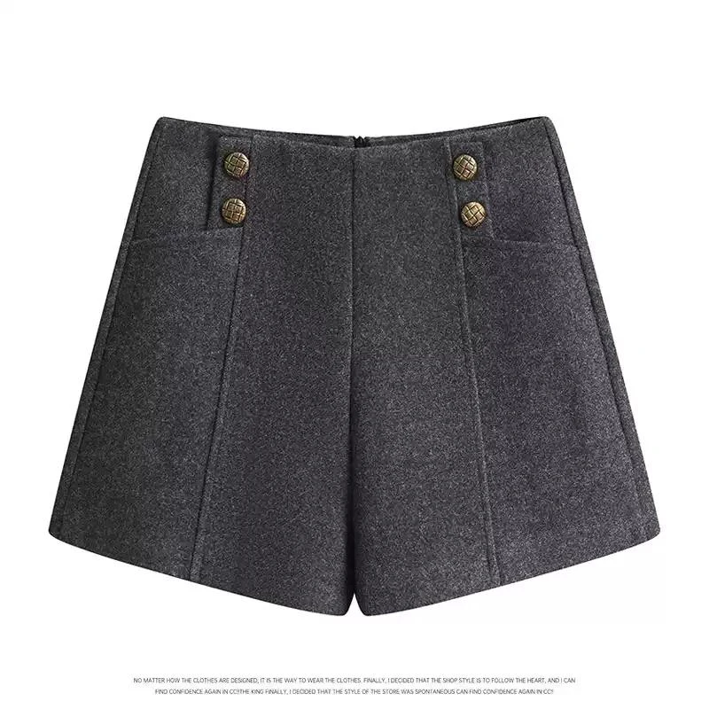 Bomon Y2K Korean Solid Color Woolen Shorts Women's Autumn And Winter New Wear High-Waisted A-Line Wide-Leg Straight Shorts