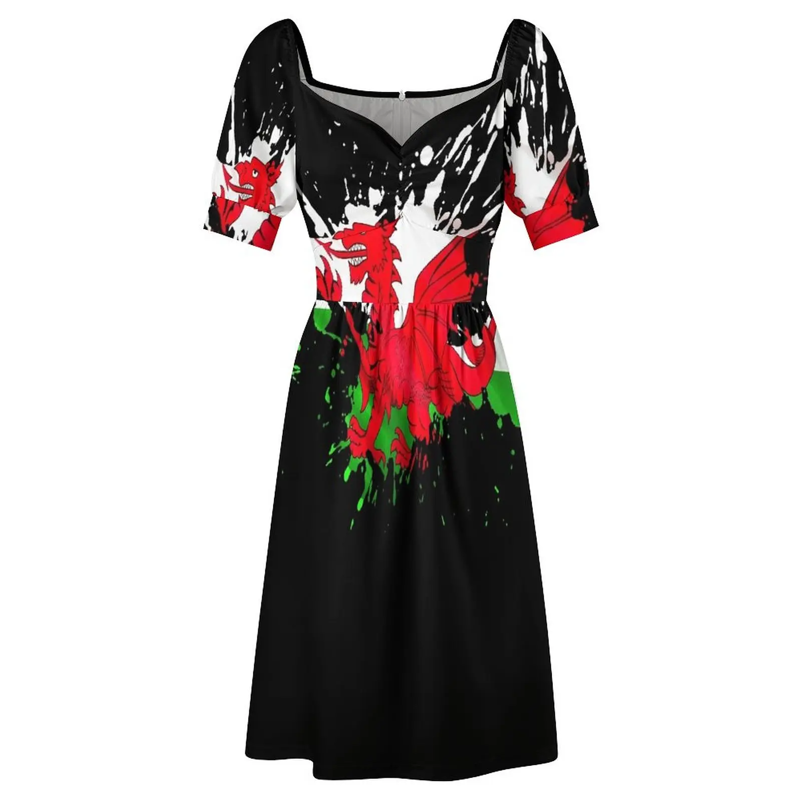 Kurzärmliges Kleid mit Wales-Flagge, Abendkleid, langes Sommerkleid für Damen. Elegantes Kleid