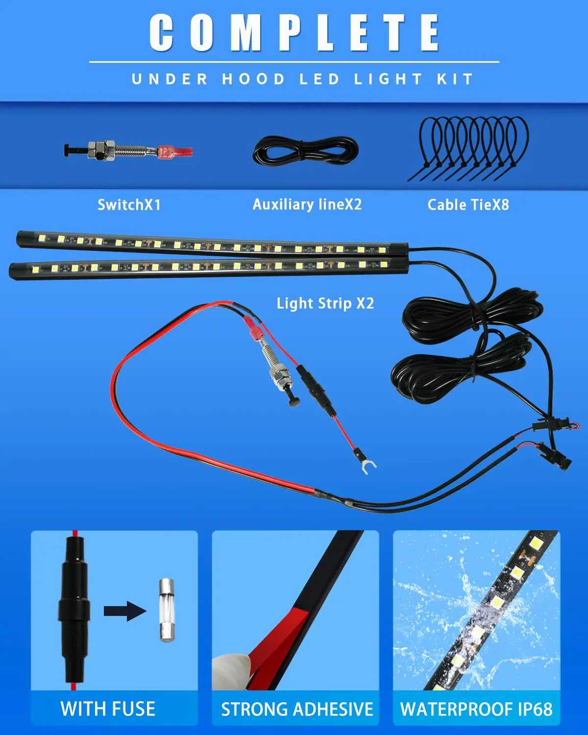 1set LED Auto Unter Haube Arbeit Inspektion Licht Kit Wasserdichte 12V Weiße LED Streifen Lichter Bars Auto Haube lichter Passt Alle Fahrzeug – Detail 5