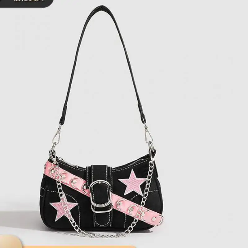 

Нишевый дизайн, розовый ремень со звездой, багетная сумка на плечо Y2k, популярная сумка на плечо с цепочкой для девочек, сумка на плечо для женщин