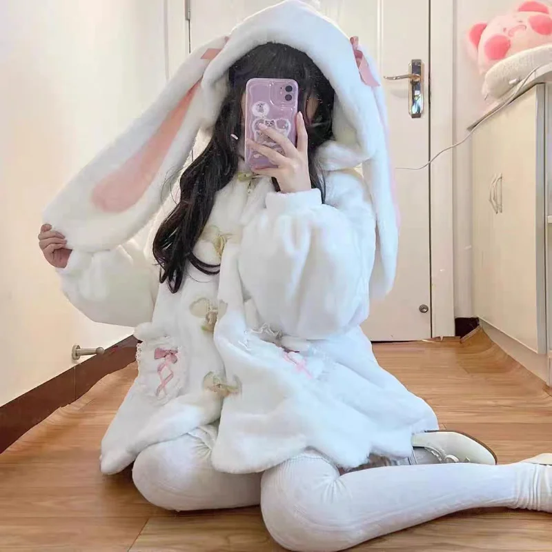 

Kawaii Winter Clothes Cute Coats Women Rabbit Cosplay Costume Ears Hooded Lamb Wool Lolita Outwear Y2K Thicked Cartoon Jackets