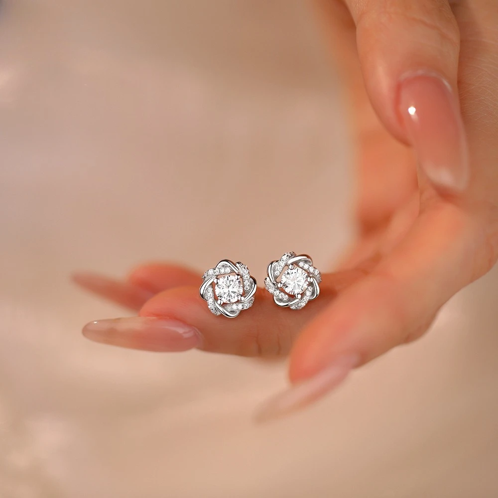 موضة زهرة ملفوفة طاحونة وأقراط مويسانيتي حقيقي 925 فضة أقراط للنساء مجوهرات الخطوبة