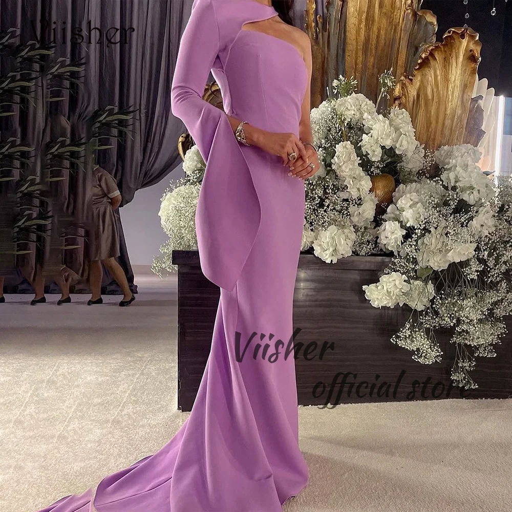 

Viisher Lavender Mermaid Evening Dresses One Shoulder Mono Satin Arabic Dubai Formal Prom Dress Floor Length Evening Gowns