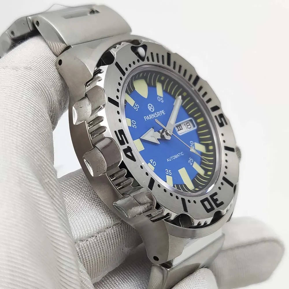 Parnsrpe New 45mm Blue Dial Luminous NH36 Automatic Stainless Steel Waterproof Watch Unidirectional Rotating Bezel
