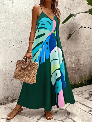 Imagen 2 del producto Vestido de verano con estampado de hojas de plátano colorido, sin mangas, con cuello en V, vestido Original de moda Sexy hasta los tobillos, vestido de noche largo para fiesta