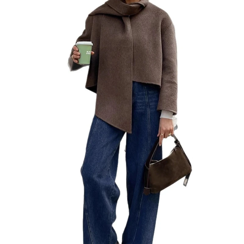 Elegant Style, Solid Color Scarf Collar, Long Sleeve Woolen Coat, Women's 2025 New Hot Sale