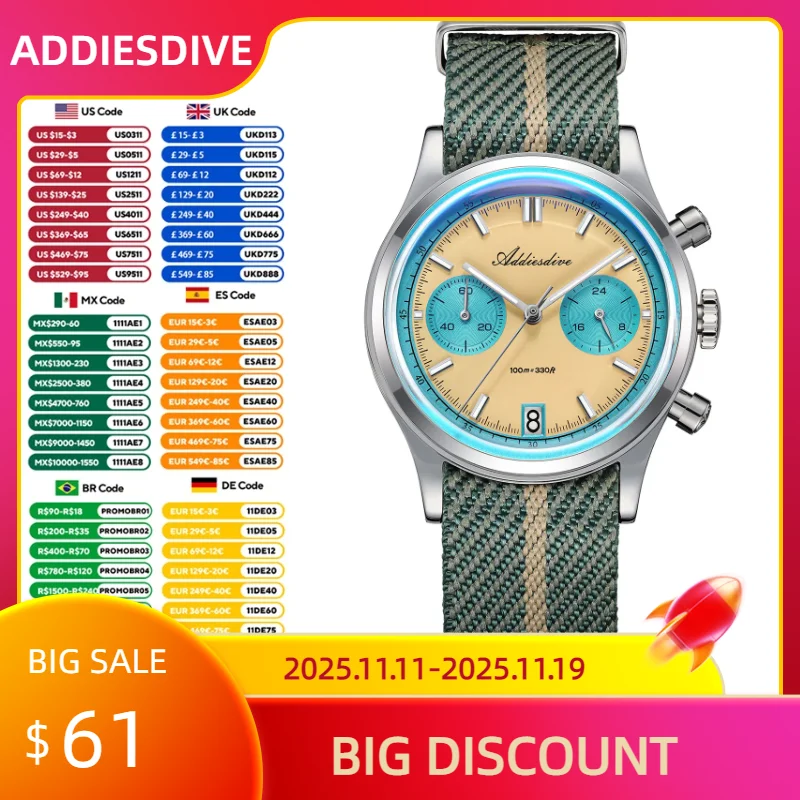 ADDIESDIVE offre spéciale AD2095 montres pour hommes multifonction chronographe 38mm AR revêtement montres à Quartz VK64 horloge étanche