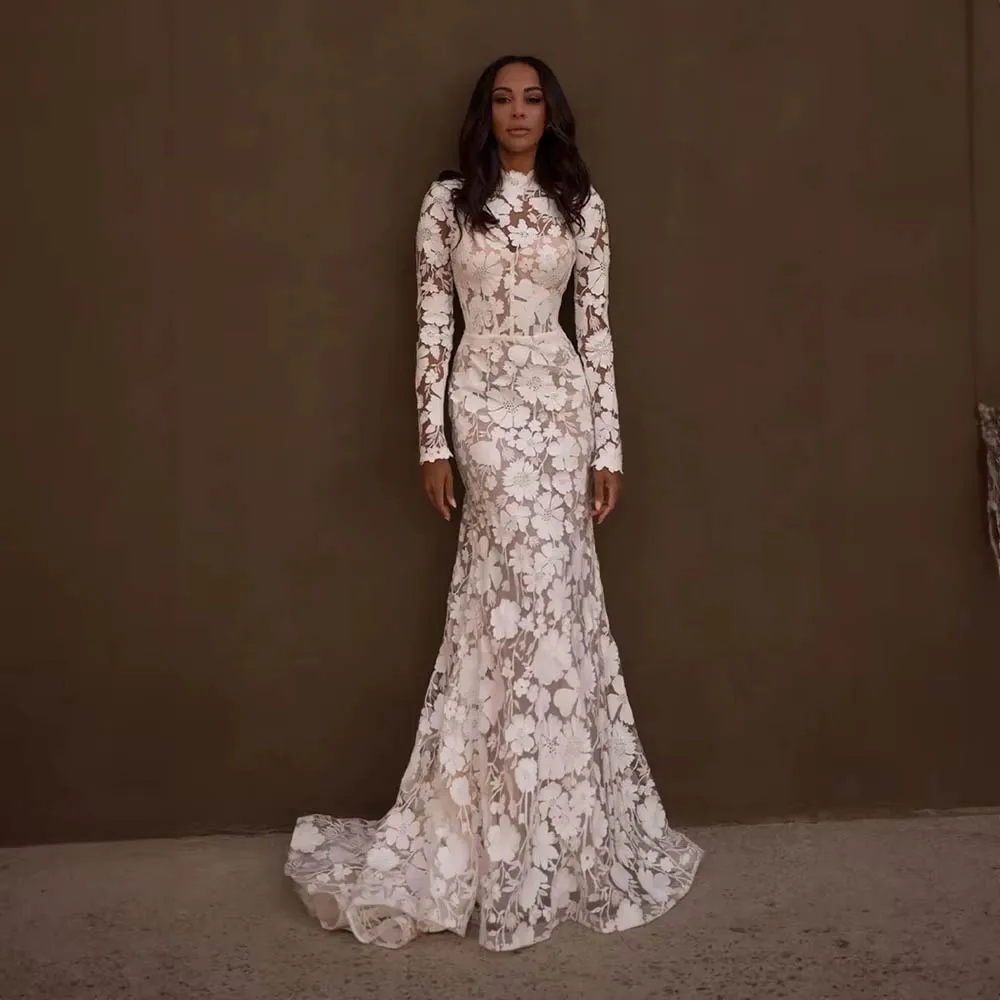 カスタマイズされた高級ハイネックウェディングドレス、女性用花嫁、花柄アップリケレース、シースロングスリーブブライダルガウン
