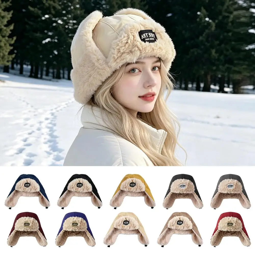 Winter Trapper Hat Windproof Bomber Hat Faux Fur Flap Ear Warm Cap Fleece Lined Thermal Ski Hat with Chin Strap 56-58cm