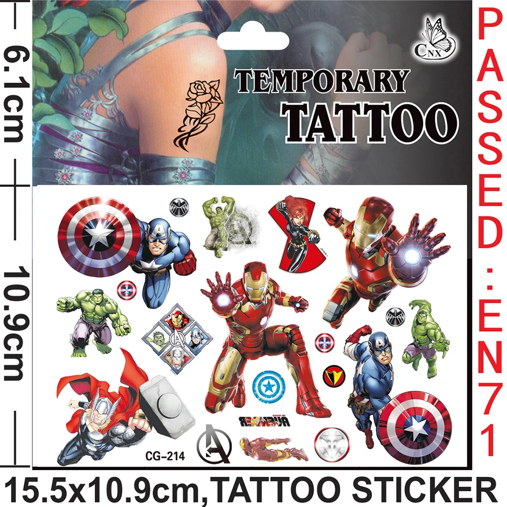 Disney The Avengers Tattoo Stickers Captain America Iron Man Hulk Children Temporary Tattoos Body Art Kids Toys Birthday Party