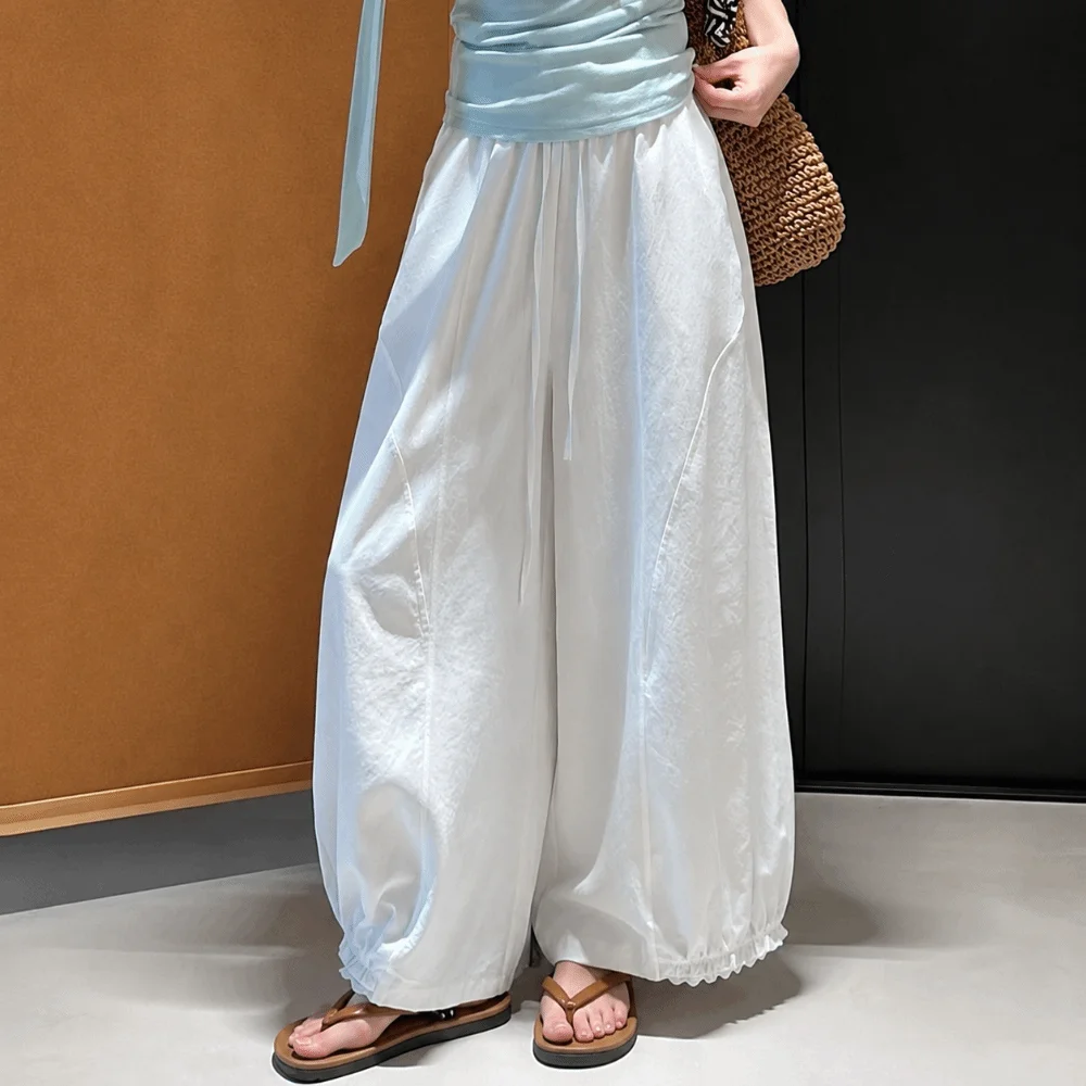 Fashion Elastic Waist Wide Leg Pants Lace Trim Loose Trousers Casual Pants Summer