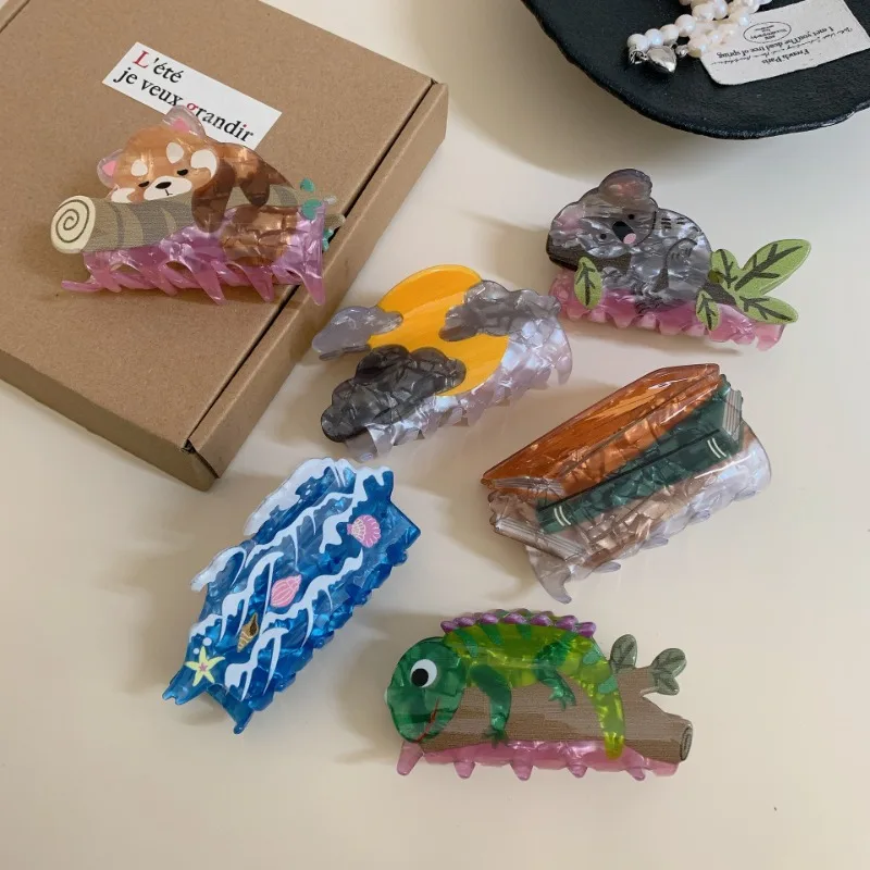 

Cute Cartoon Animal Clip Koala Raccoon Funny Hair Accessories Female Creative Acetate Resin Hair Card Hair Dispenser