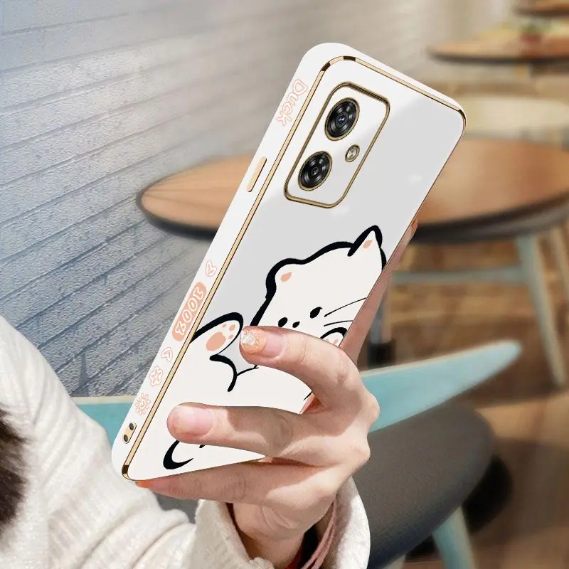 G54 White Cloud Cat Luxury Plating Phone Case For Motorola Moto G54 Thin Shatterproof Camera Protection Moto G54 Soft Back Cover