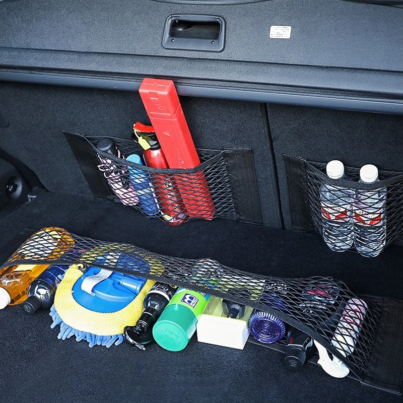 Double layered mesh storage bag compartment breathable mesh structure fixed by magic tap for car trunk back seat organization image 5