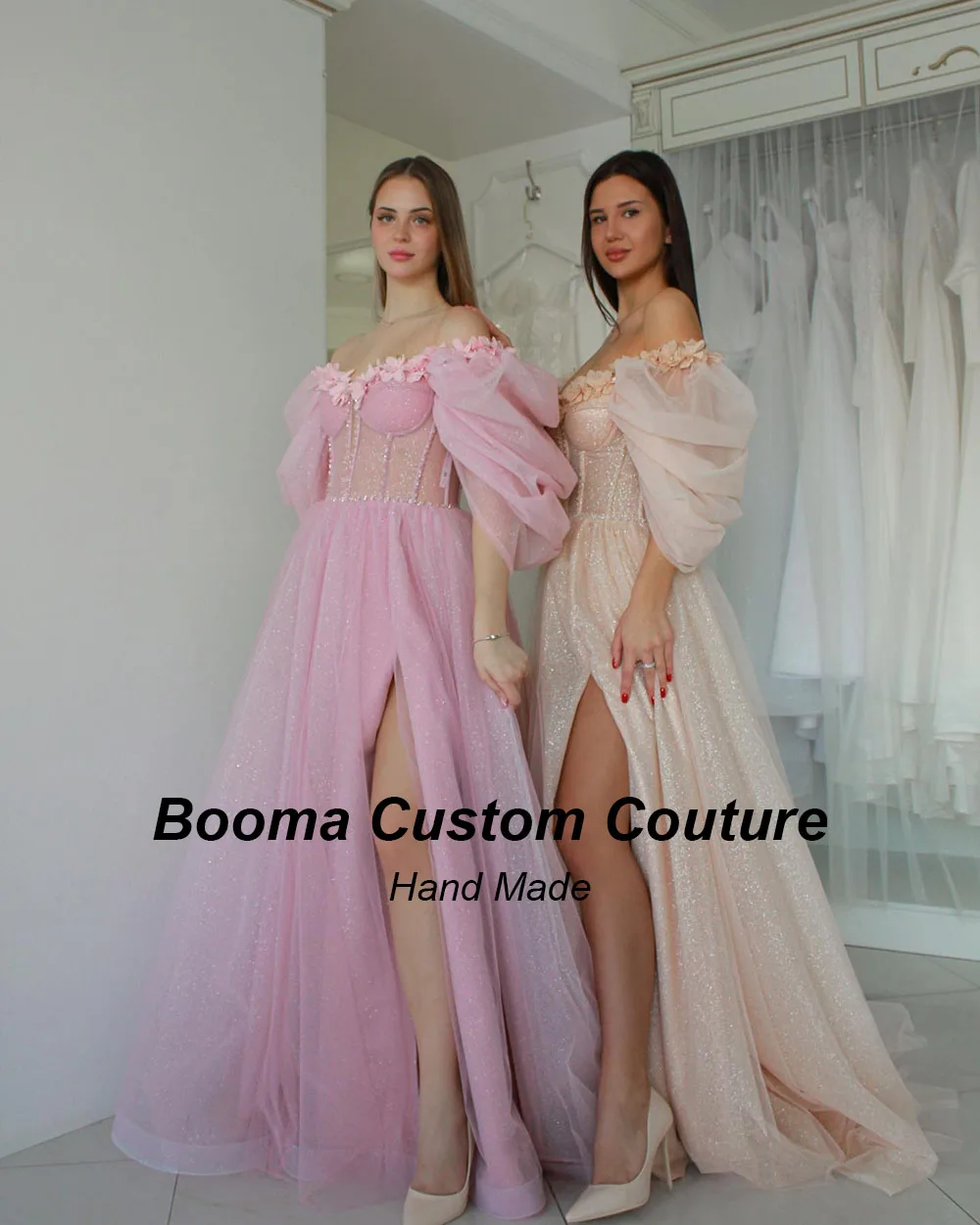 Booma Gillter A Line Long Prom Dresses Sweetheart Off Shoulder 3D Flowers Evening Party Dresses Leg Slit Formal Occasion Gowns