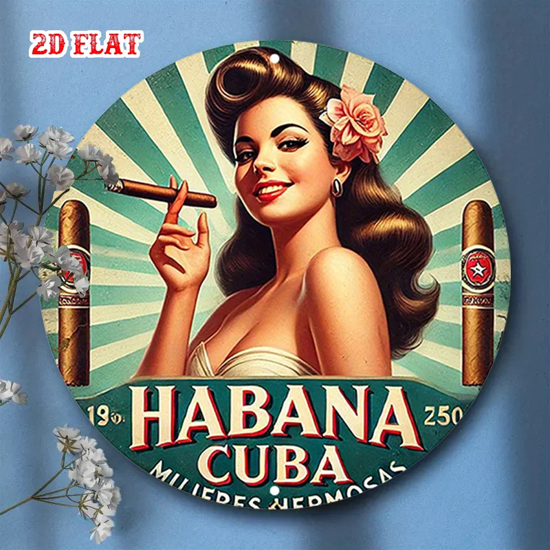 [2D Flat] Arte de pared de aluminio pin-up retro cubano vintage, texto retro de mujer y Habana Cuba de los años 50, decoración retro turquesa y dorada, 1 ud.