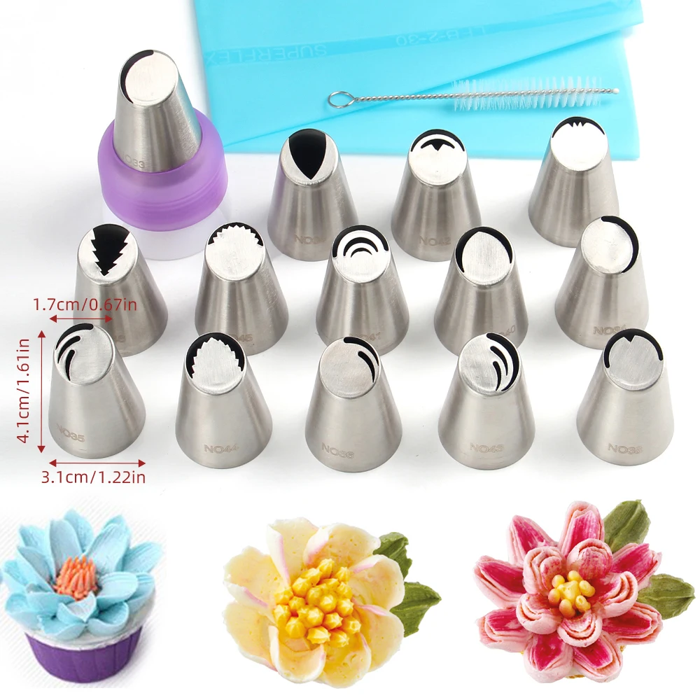 MRF 17 Pcs Stainless Steel Russian Flower Icing Tips Set Cake Decorating Supplies Kit Pastry Piping Tips Baking Tools