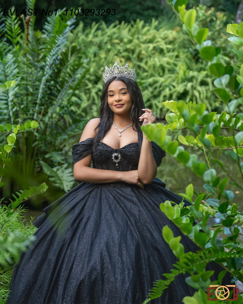 فستان Quinceanera أسود لامع مخصص من EVLAST مزين بالكريستال ومشد مطرز حلو 16 فيستدوس دي 15 أنوس E1QN641