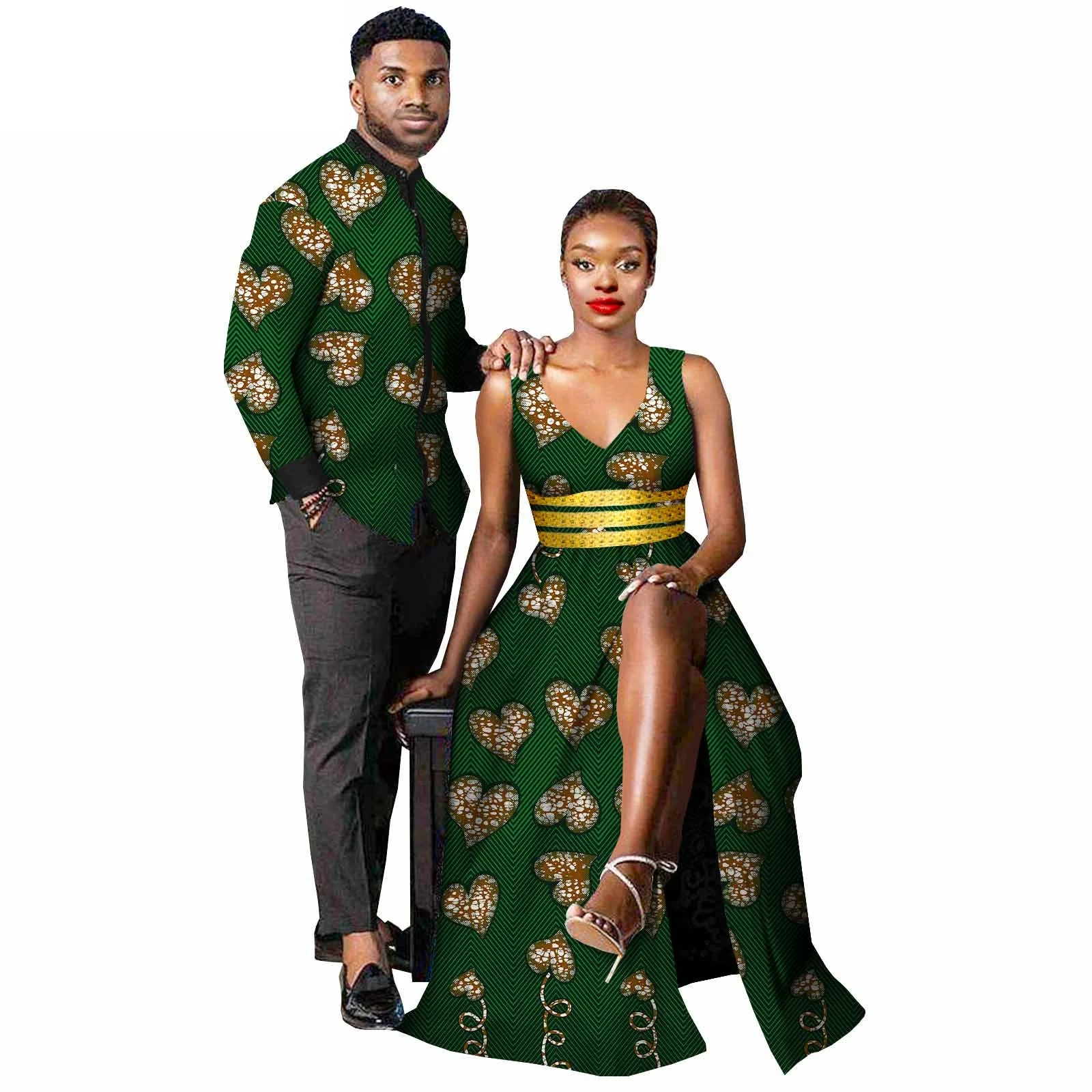 African Print Sexy V-neck Long Dresses for Women Matching Couple Outfits Dashiki Men Top Shirt and Pants Wedding Party Clothes