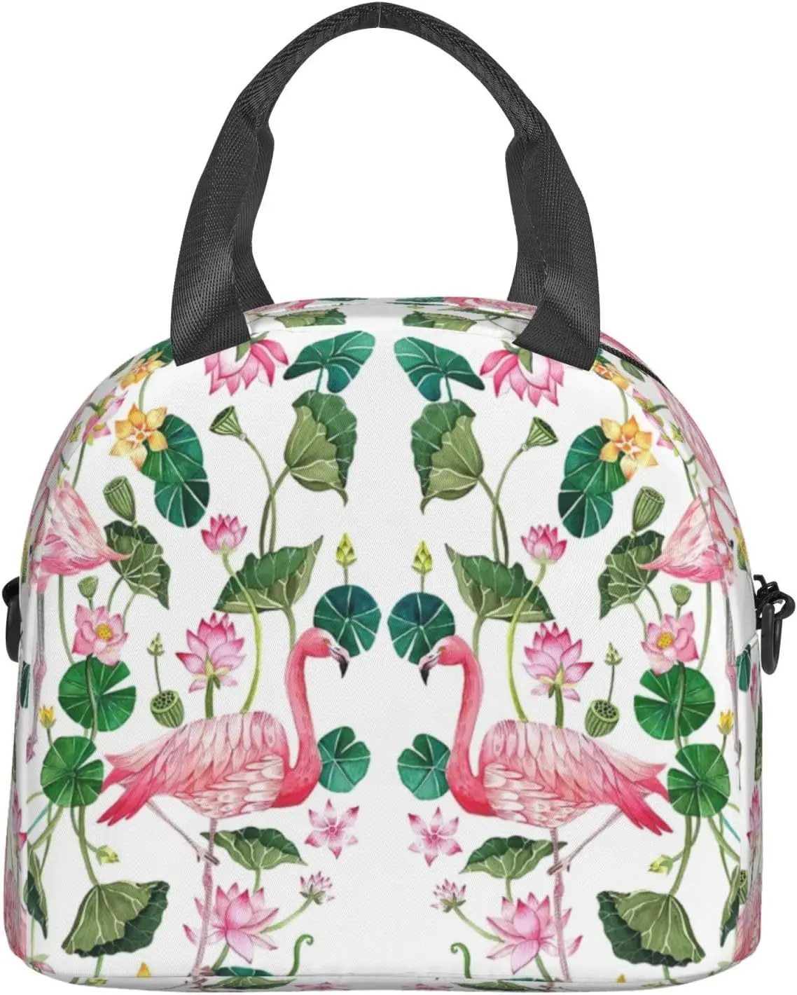 Flamingo Bird Round Leaves Print Lunch Bag With Adjustable Shoulder Strap,Leakproof,Tote Bag For Office Work,Picnic And Outdoor