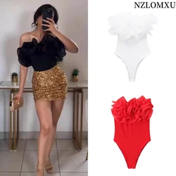 White Black Body Woman Off Shoulder Ruffle Sleeveless Bodysuit Tops For Women Ruched Summer Backless Sexy Bodysuit Lingerie