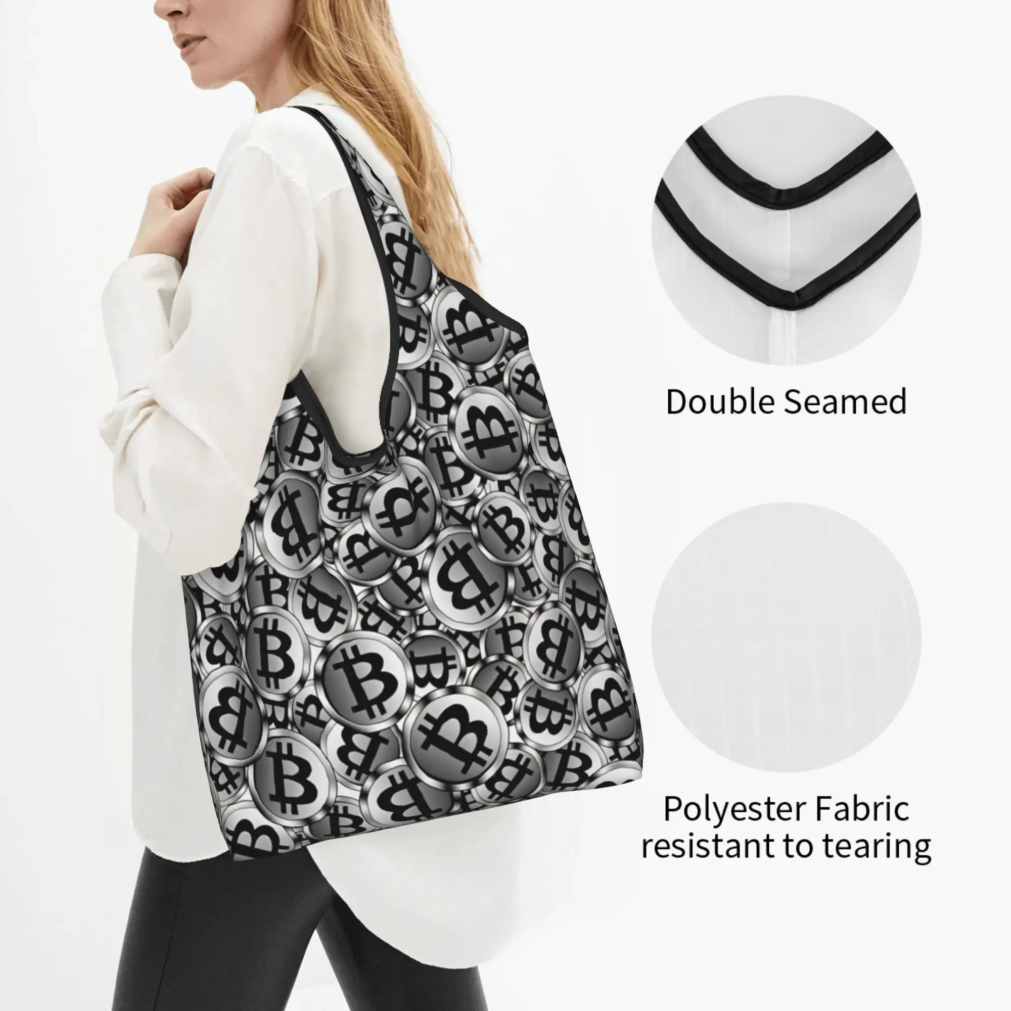 Kawaii Crypto Virtual Currency Bitcoin Shopping Tote Bag Portable  Grocery Shopper Shoulder Bag