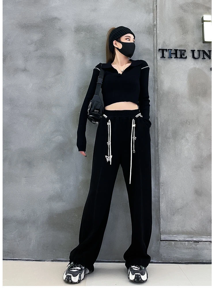 

2022 New Black Pants with Butterfly Chain Summer High Waist Elastic Loose Straight Trousers Casual Wide Leg Pants Female