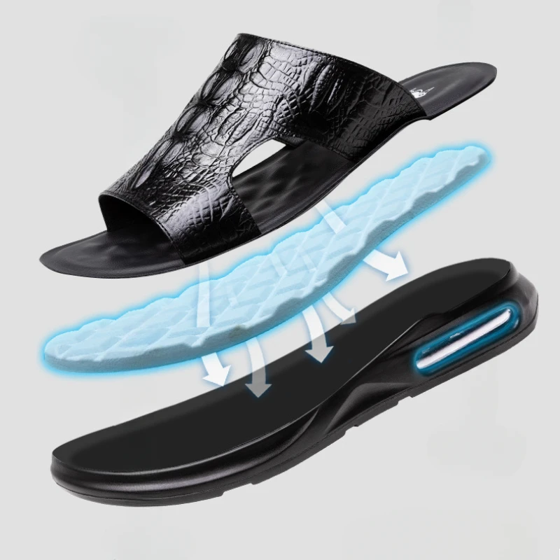 Zapatos de piel auténtica para hombre, chanclas planas de cuero de vaca, sandalias informales cómodas para la playa, novedad de verano