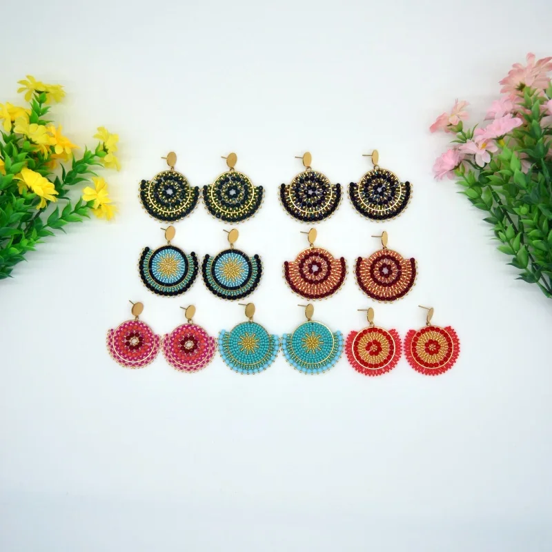Beaded earrings Crystal Bohemia Versatile Design Sector Hand knitting Female Original Gradient color Tide Rice bead earrings