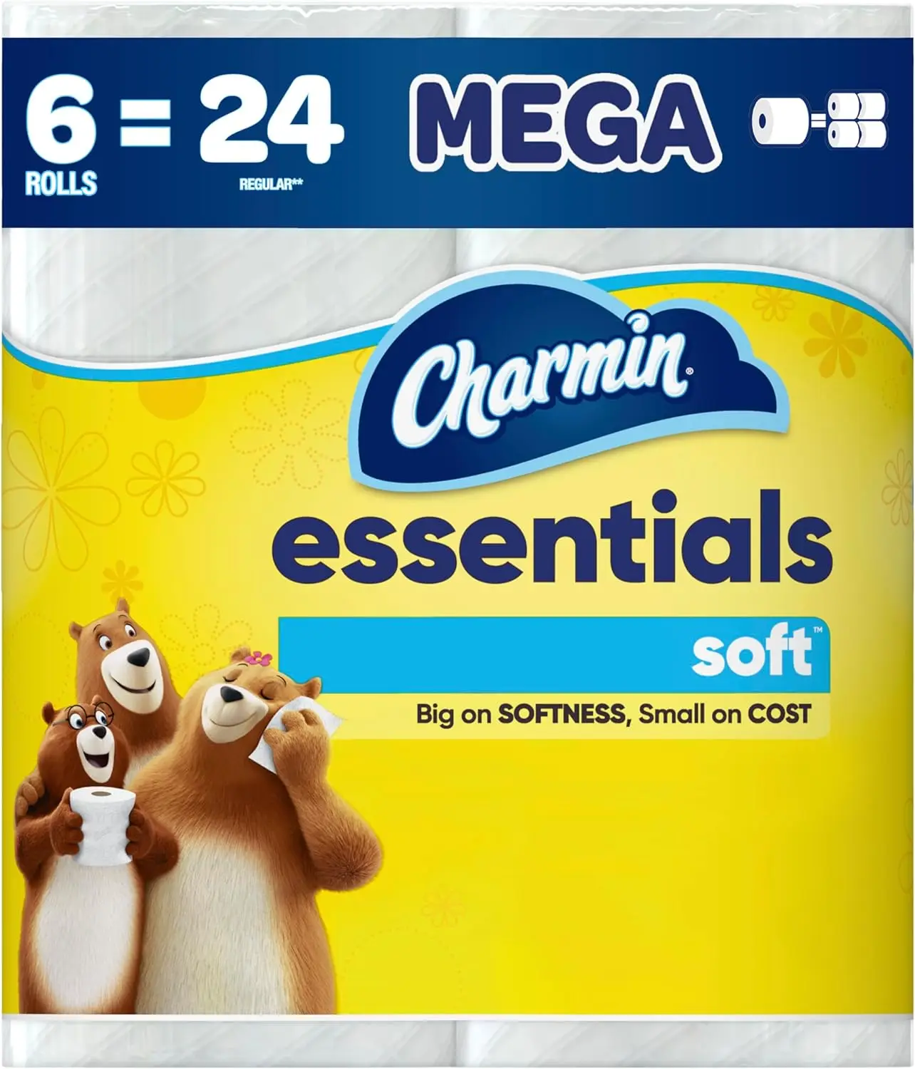 Essentials Soft Toilet Paper 6 Mega Rolls, 330 sheets per roll