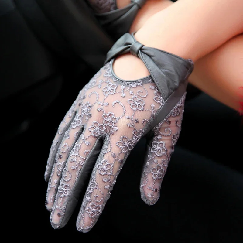 Leather Genuine Lace Short Thin Gloves for Women 2024 Summer New Bow Anti-UV Pure Mittens Mujer Black/Brown Luvas