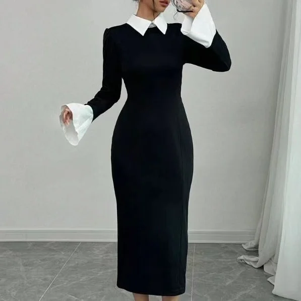 Elegancki płaszcz w stylu vintage z długim kołnierzem, wyszczuplający, maxi, dzianinowy z włókna poliestrowego, długi rękaw.