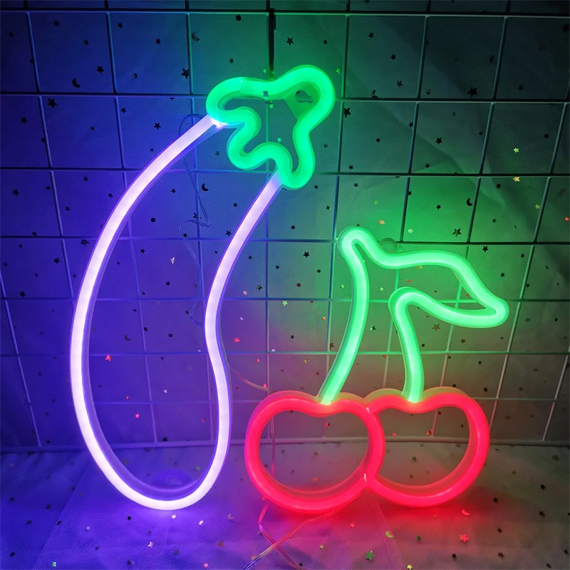 LED Eggplant Neon Sign Light for Bar KTV Snack Shop Decor Juice Letter Apple Fruilt Neon Lamp Christmas Wall Decor Birthday Home