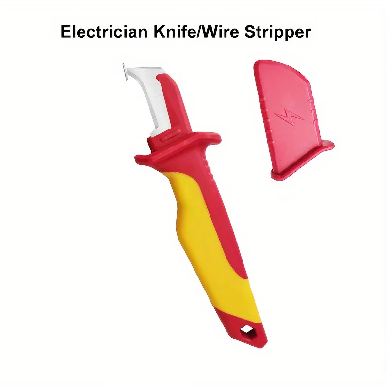 Cable Stripper Knife - Insulated, Ergonomic Hand Tool with Straight & Curved Blades, Non-Collapsible, for Electricians