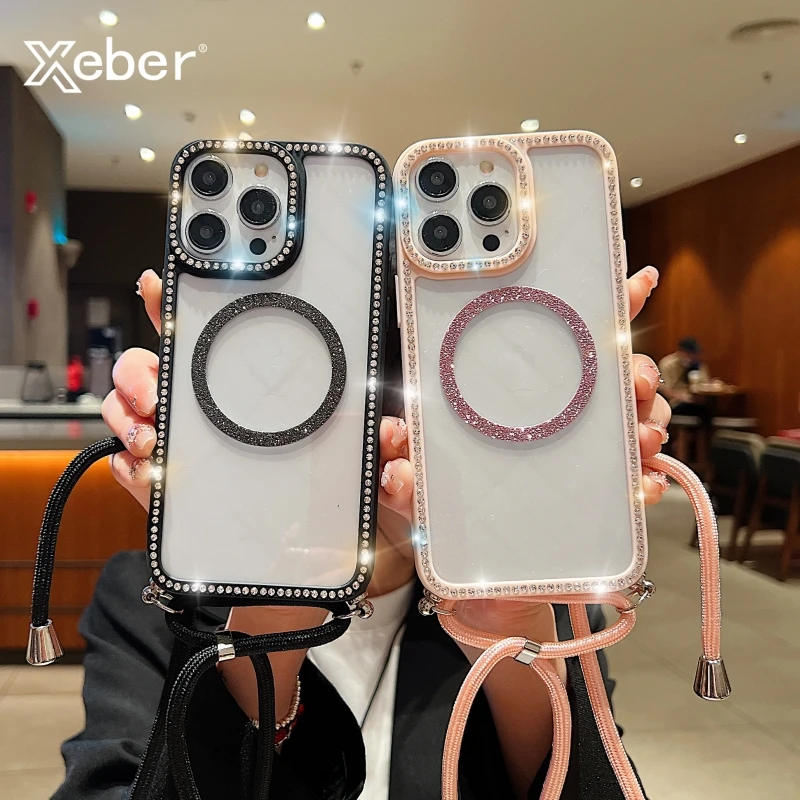 

Чехол с блестящими бриллиантами и ожерельем через плечо для iPhone 16E 15 13 14 12 Pro Max Plus 11, прозрачный чехол с магнитной беспроводной зарядкой