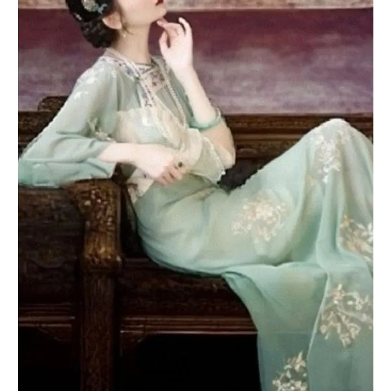 

Chinese Traditional Dress Girls Green Crewneck Mid Sleeve Floral Print Improves Modern Cheongsam Women Elegant Evening Dresses