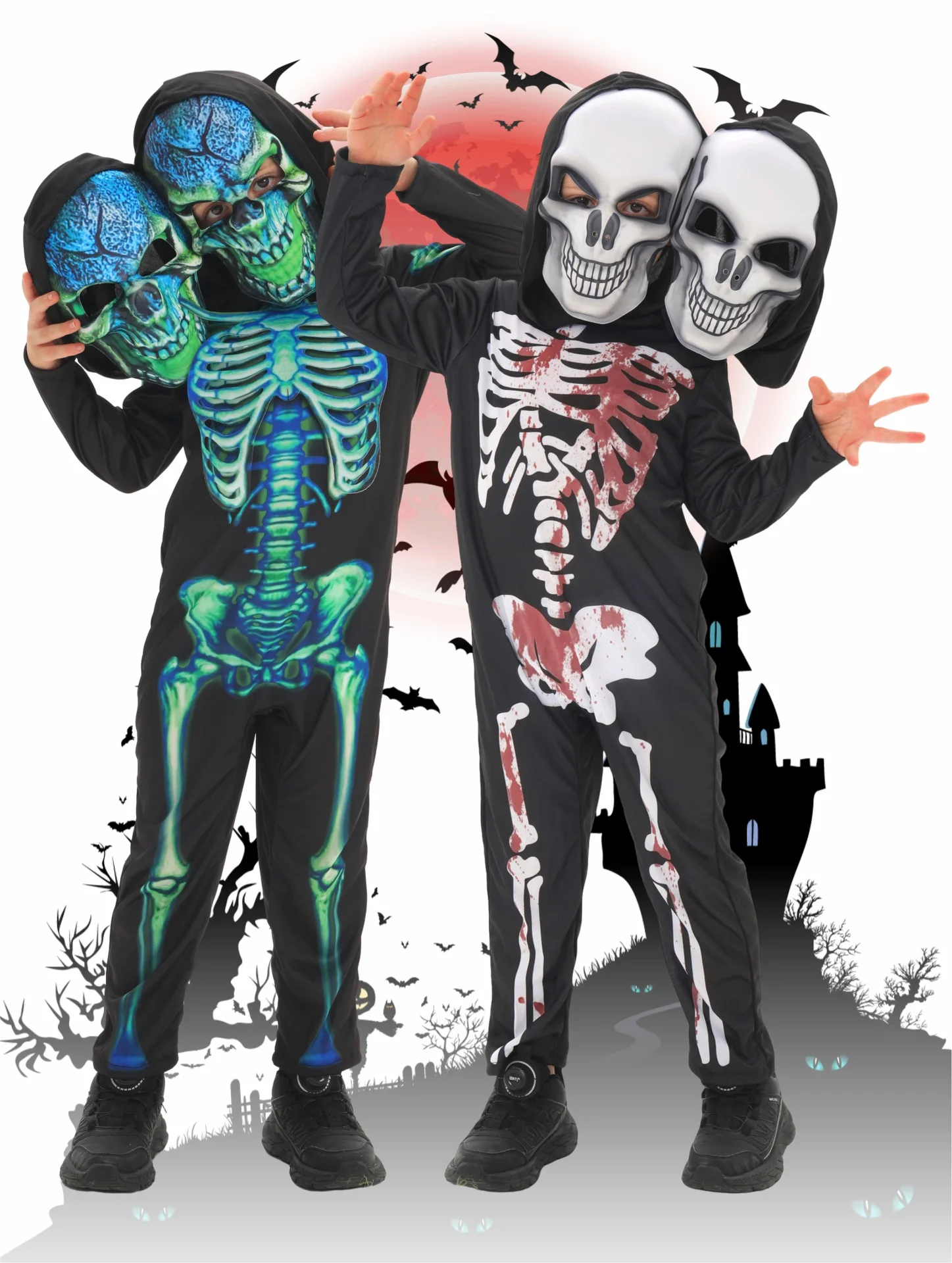 

Детский двуглавый скелет на Хэллоуин, костюм раннозавра Ja, наряд для выступления на сцене, одежда для детского сада, одежда для ролевых игр