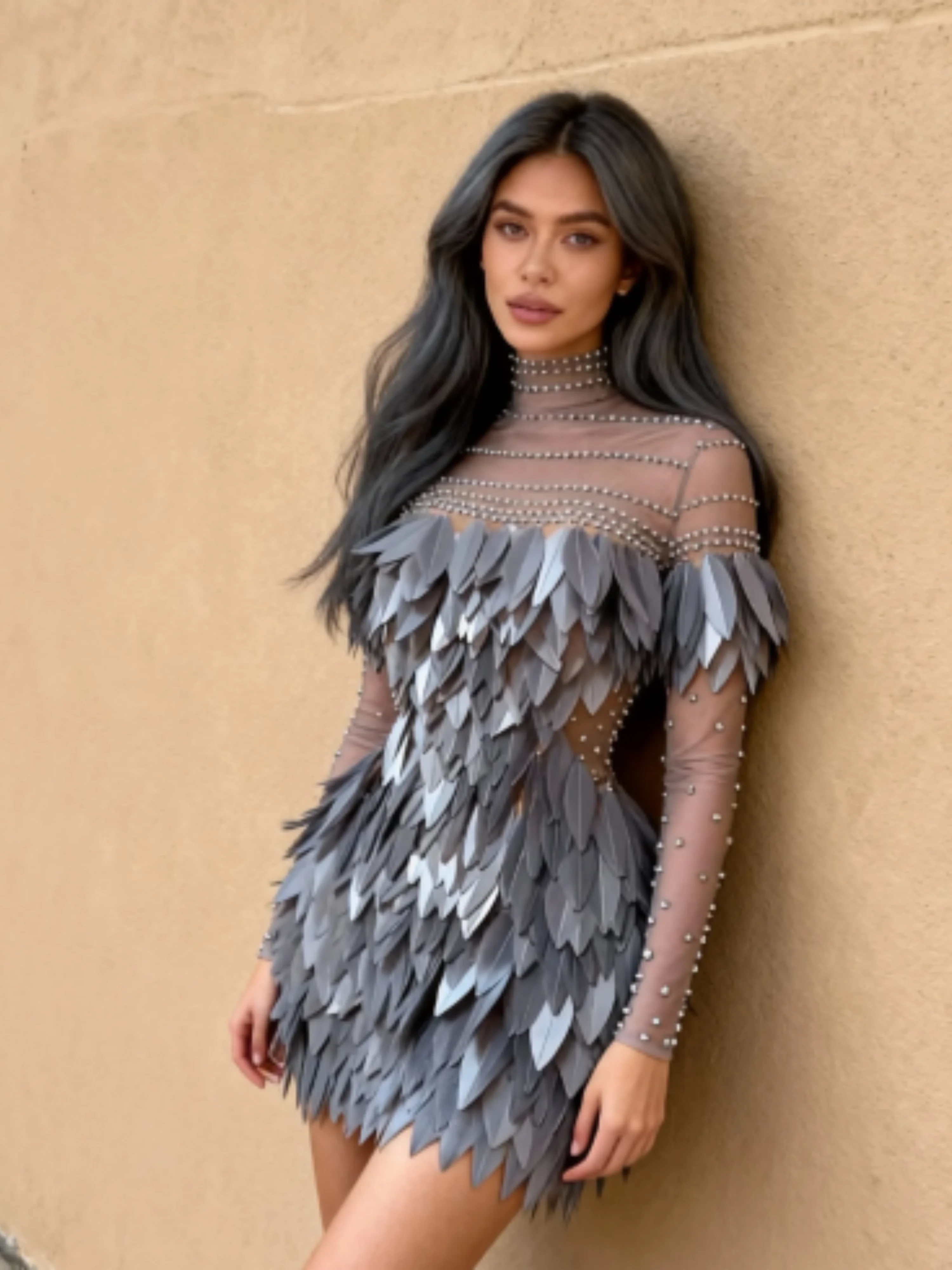 فستان سهرة فاخر برقبة عالية وحزام شفاف من حجر الراين Adorne ثلاثي الأبعاد باللون الفضي والرمادي للاحتفال بعيد الميلاد #2