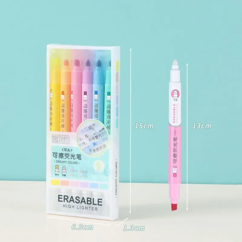 6pcs Erasable Highlighters Pastel Markers Dual Tip Fluorescent Pen for Art Drawing Doodling Marking School Office Stationery