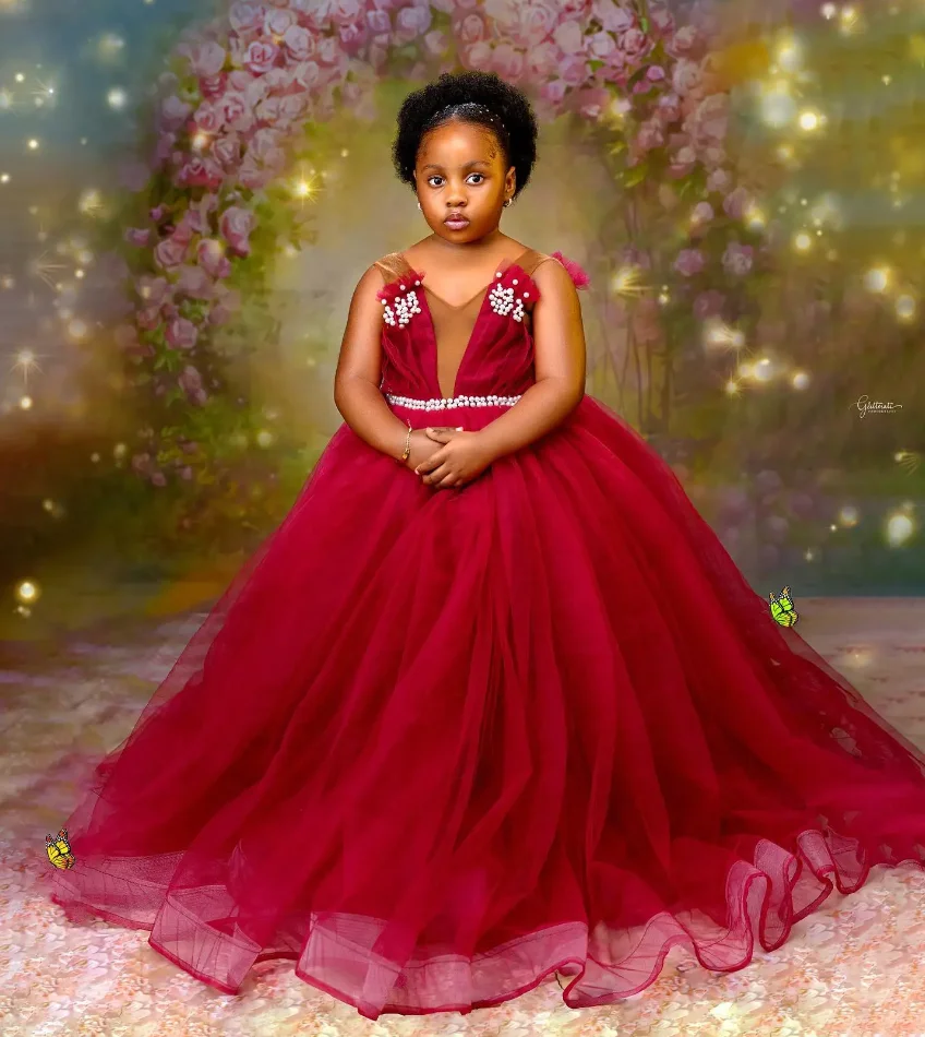 

Burgundy 2024 Flower Girl Dresses Puffy Ball Gown Tulle V Neck Beaded Little Girl Prom Birthday Christmas Dresses