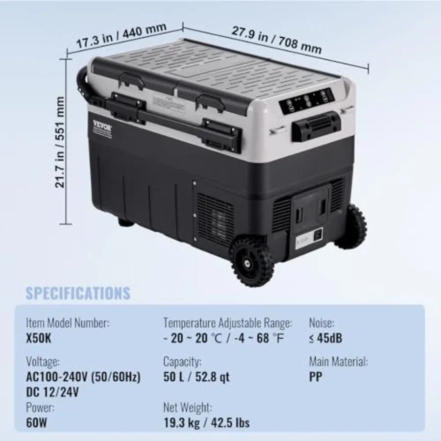 Car Refrigerator 50L Dual Zone 12V Compressor Fridge for RV Camping Home, ABS Plastic Black, -4 to 68 Adjustable Portable Freez