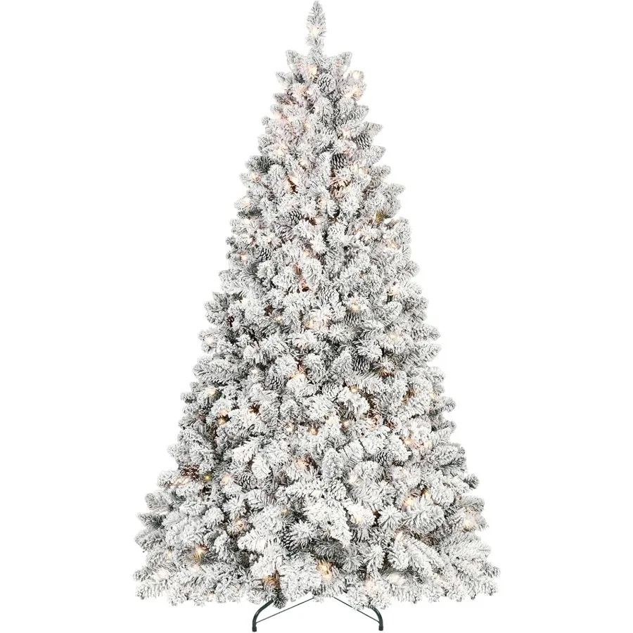 

6ft Pre-lit Christmas Tree Flocked Christmas Tree with 350 UL Lights Pine Cones 888 Tips Snow Frosted Artificial Christmas Tree