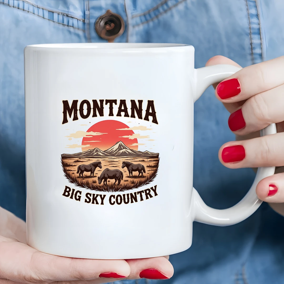 11온스 서부 테마 머그컵 + 몬타나 선셋 프레리 페인팅 크리스마스 홈 & 오피스 컵 고급 선물