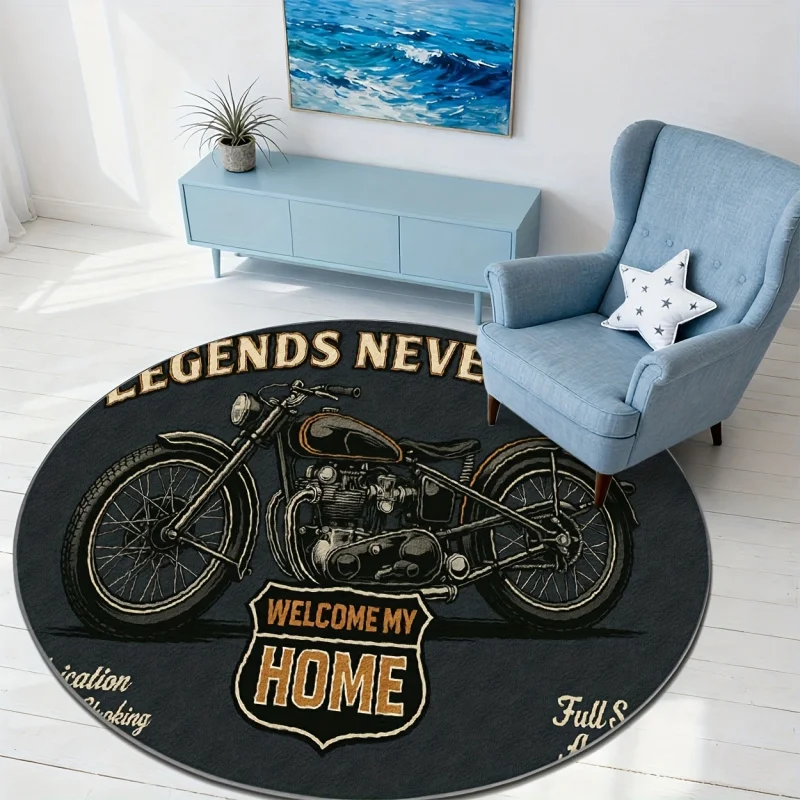 VIKAMA Vintage Motorcycle Round Area Rug Legends Never Die Letter Print Non Slip Washable Circular Floor Mat Retro Biker Carpet