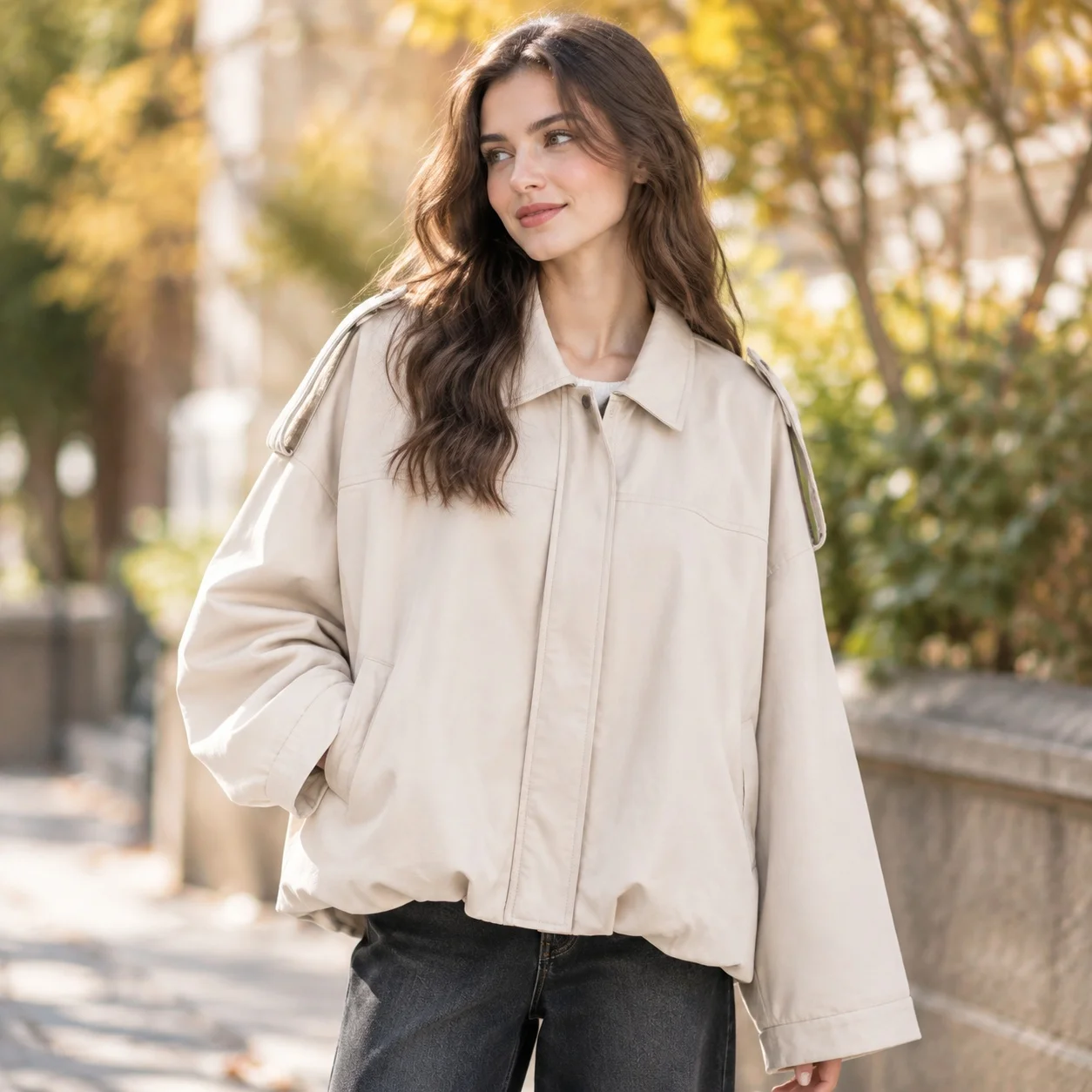 Turn Down Collar Jacket Pocket Regular Length Artistic Vintage with Long Sleeves Casual Pockets Mid Length Autumn Women Jacket