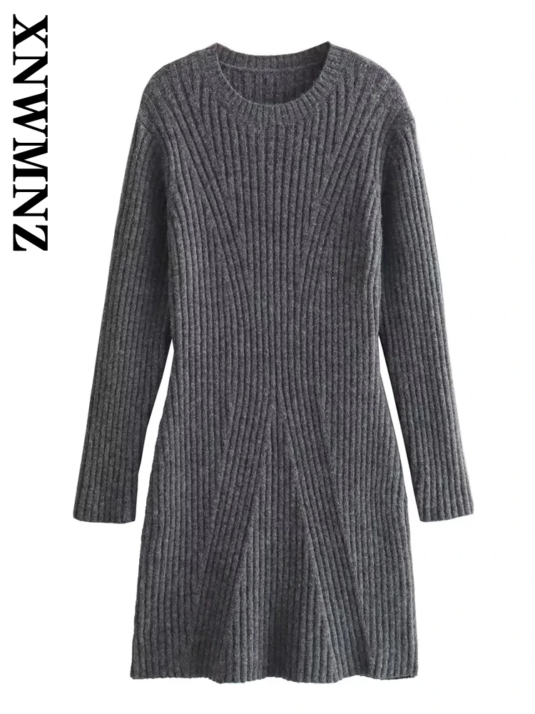 XNWMNZ 2024 Autumn woman\'s Casual Solid Color Knit Dress Mini Skirt Female Vintage O-Collar Long Sleeve Ruffles Regular Fit Top