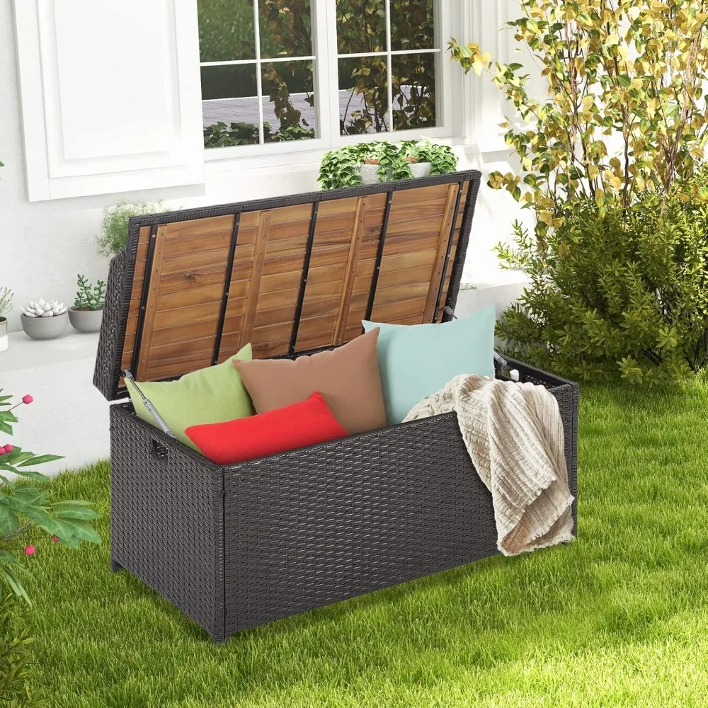 

Patio Storage Bench Rattan Wicker Deck Box with Acacia Wood Seat, Gas Strut, Zipper Liner, Handles, Outdoor Storage, Customized