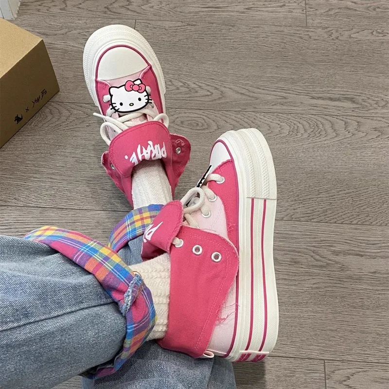New anime Hello Kitty strappy breathable women's thick-soled non-slip wear-resistant cute casual sports high-top canvas shoes