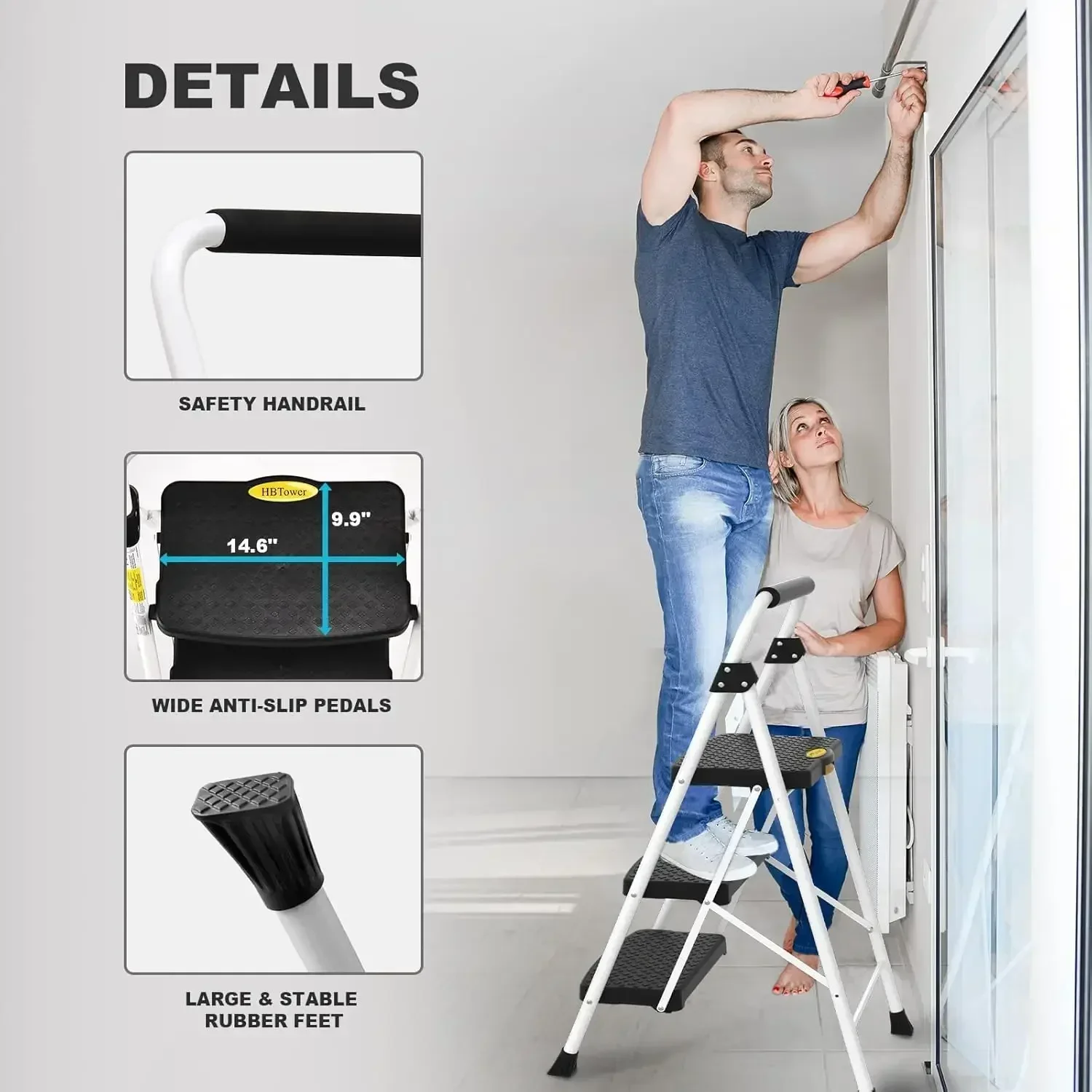 Plegable Escalera 3 Peldaños Taburete Plegable Cocina con Pedal Ancho Antideslizante