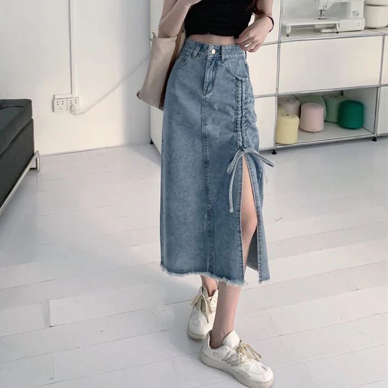 

Drawstring High Waist Denim Skirt Women 2023 Summer Side Split Long Skirts Woman Korean Style Straight Jeans Skirt Female